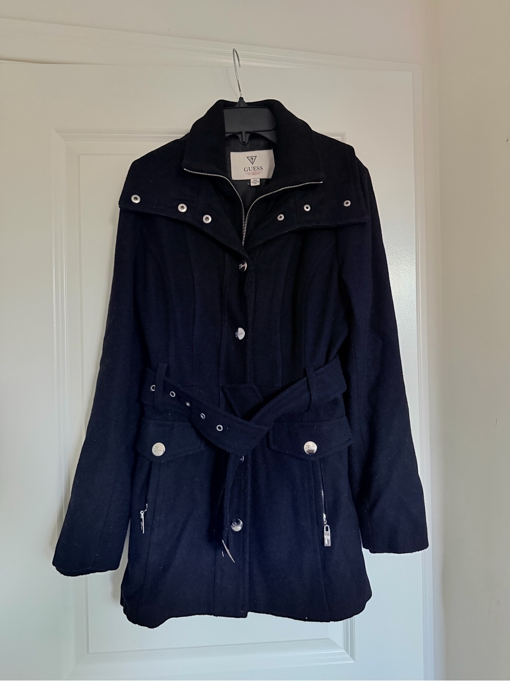 GUESS Black Belted Trench Coat with Zip and Snap Details